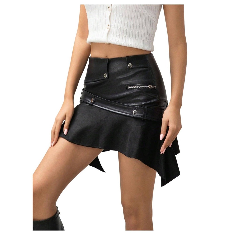 Black Faux Leather Asymmetrical‎ Skirt with Buckles and Zipper Accents Size XL